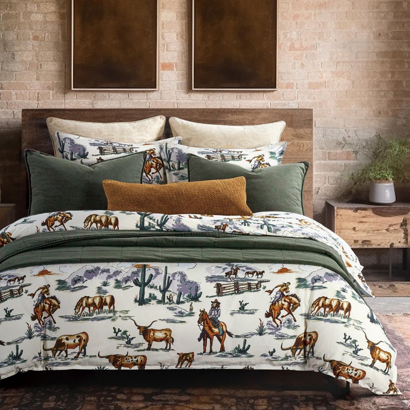 H HIEND ACCENTS Paseo Road by HiEnd Accents Ranch Life Western Bedding 3 Piece King Duvet Cover Set  Cotton Cow Cowboy Longhorn Horse Print Western Bed Set  Rustic Southwestern Comforter Cover Set with Pillow Shams  - Image 1