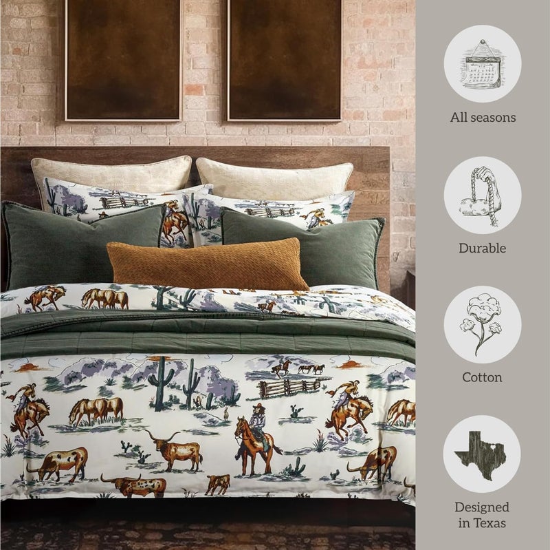 H HIEND ACCENTS Paseo Road by HiEnd Accents Ranch Life Western Bedding 3 Piece King Duvet Cover Set  Cotton Cow Cowboy Longhorn Horse Print Western Bed Set  Rustic Southwestern Comforter Cover Set with Pillow Shams  - Image 5