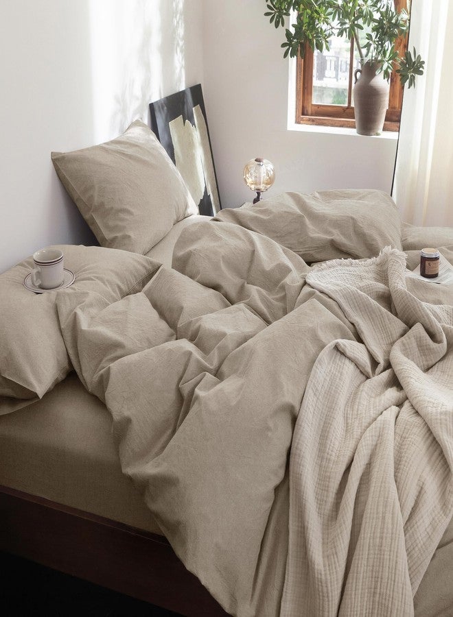 FOSSA Duvet Cover Set 100% Washed Cotton Linen Feel Super Soft Breathable Lightweight 3Pcs Bedding Sets Solid (Tannish Linen Grey, Queen) - Image 2