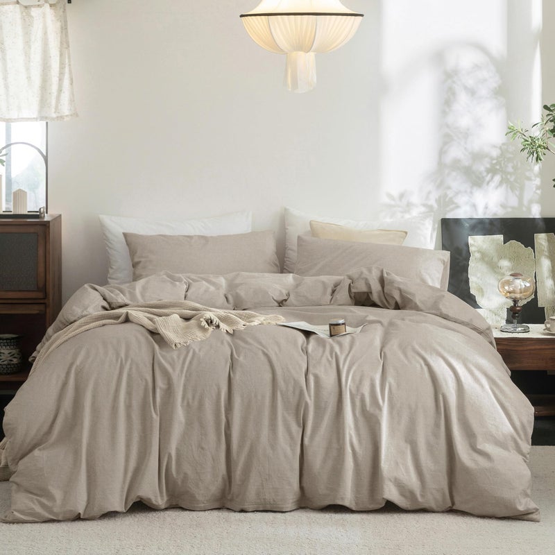 FOSSA Duvet Cover Set 100% Washed Cotton Linen Feel Super Soft Breathable Lightweight 3Pcs Bedding Sets Solid (Tannish Linen Grey, Queen) - Image 1