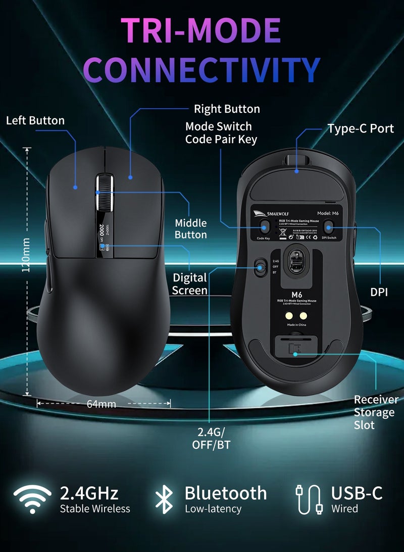 UCHUANG M6 Wireless Gaming Mouse,Tri-Mode-2.4G/USB-C Wired/Bluetooth,with RGB Fingerprint Adjustable Lighting Effect Charging Dock,Integrated Digital Display 12K DPI,PAW3311 Optical Sensor,HUANO Switch,5 programmable Buttons for PC/Mac(Black) - Image 2