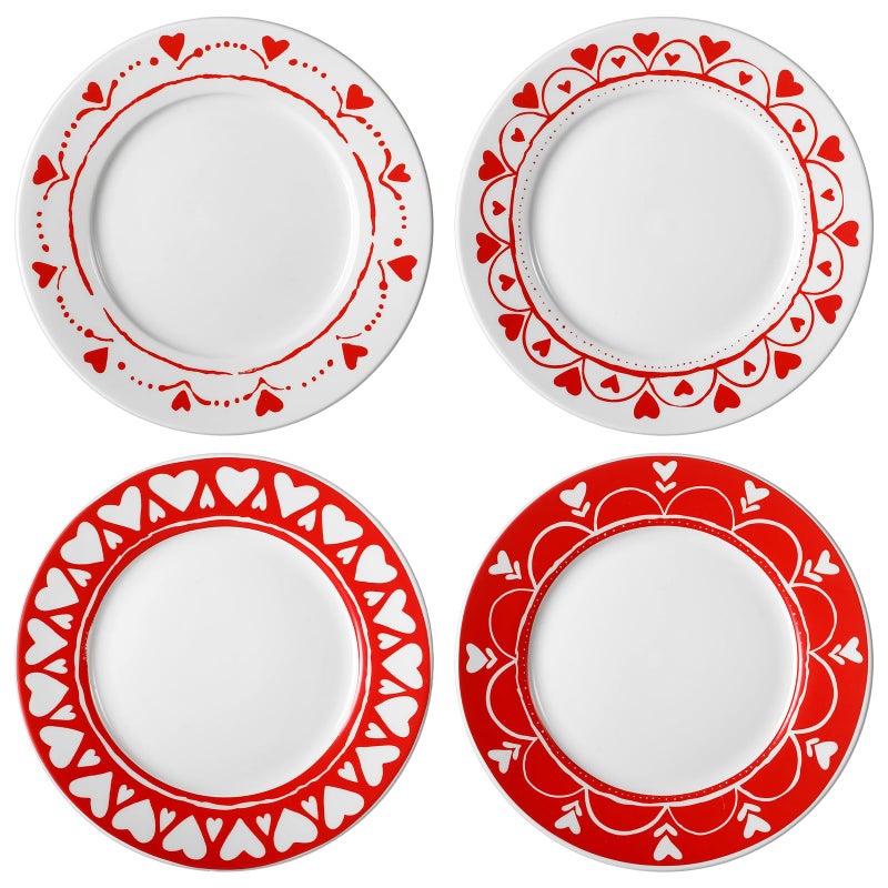 Jinei Set of 4 10 Inch Valentine's Day Ceramic Flat Plates Red White Heart Dining Serving Plates Round Dessert Salad Dish Set Gift for Valentine's Day Wedding Anniversary Party Decoration - Image 1
