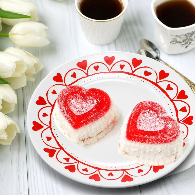 Jinei Set of 4 10 Inch Valentine's Day Ceramic Flat Plates Red White Heart Dining Serving Plates Round Dessert Salad Dish Set Gift for Valentine's Day Wedding Anniversary Party Decoration - Image 3