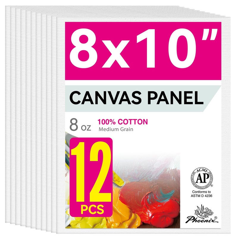 PHOENIX Painting Canvas Panels 8x10 Inch, 12 Value Pack - 8 Oz Triple Primed 100% Cotton Acid Free Canvas Boards for Painting, White Blank Flat Canvas Boards for Acrylic, Oil Paints - Image 1