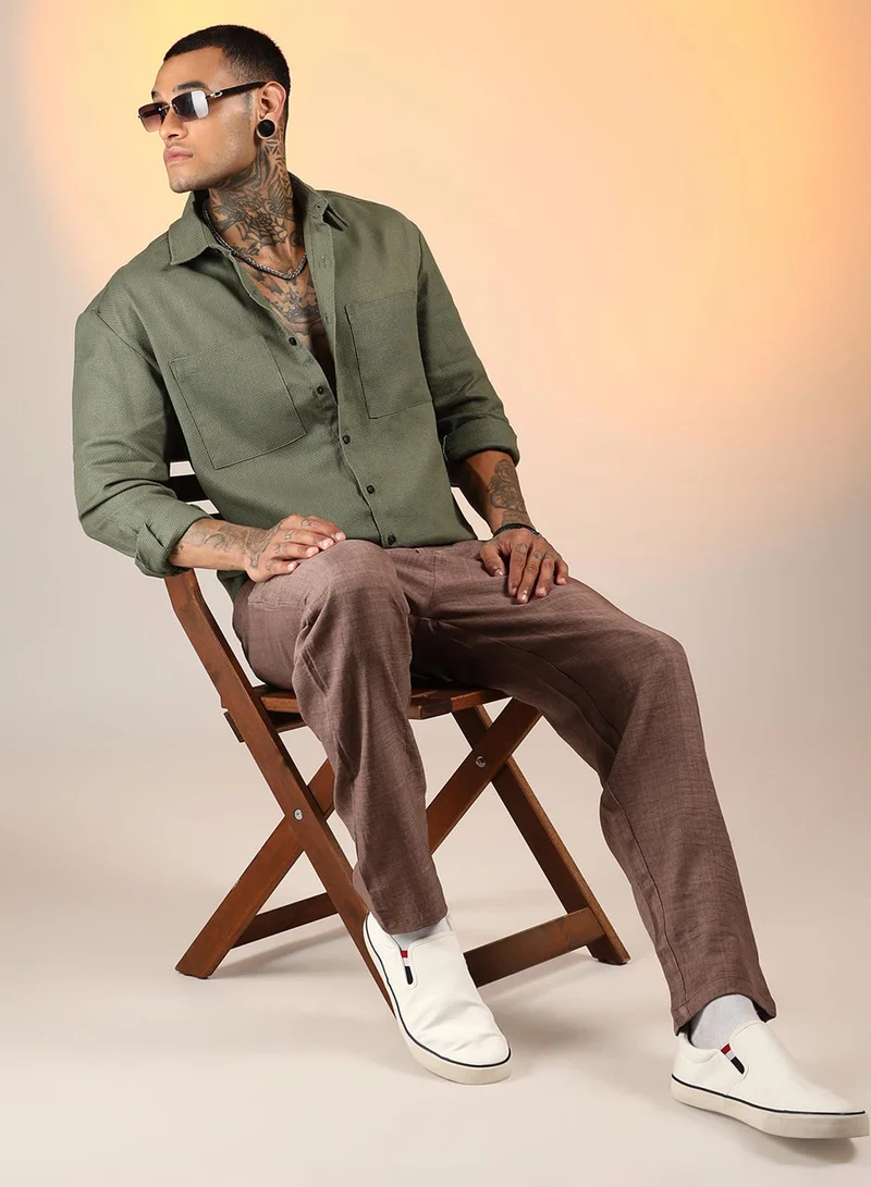 Campus Sutra Men's Olive Green Solid Canvas Utility Shirt