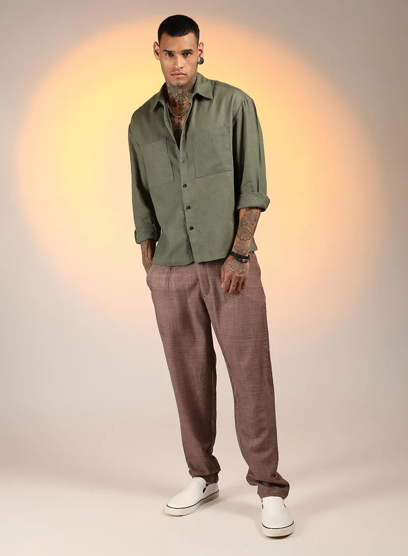 Campus Sutra Men's Olive Green Solid Canvas Utility Shirt