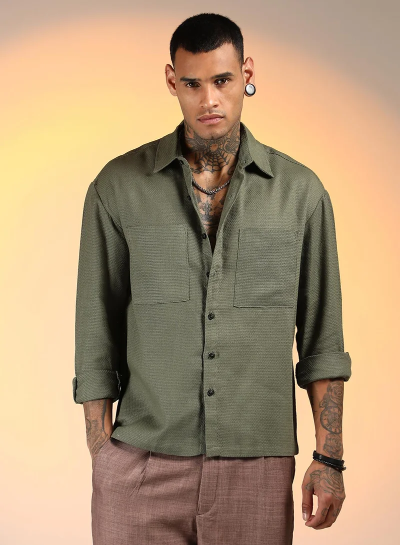 Campus Sutra Men's Olive Green Solid Canvas Utility Shirt