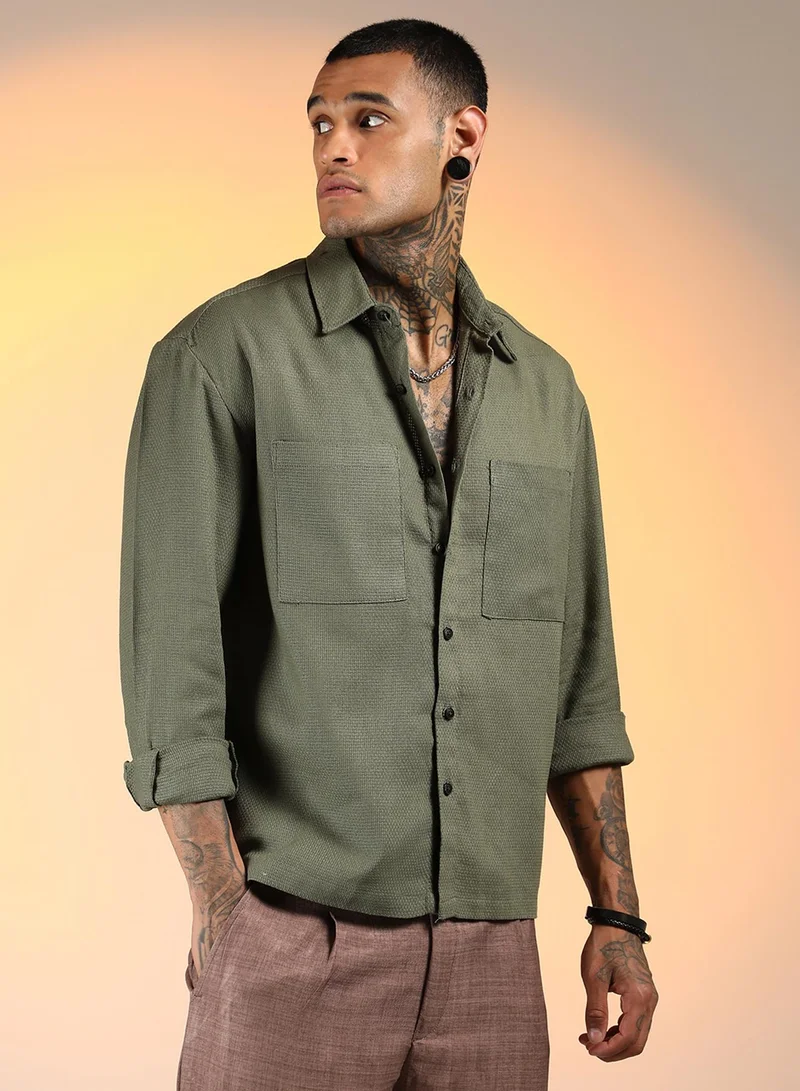 Campus Sutra Men's Olive Green Solid Canvas Utility Shirt