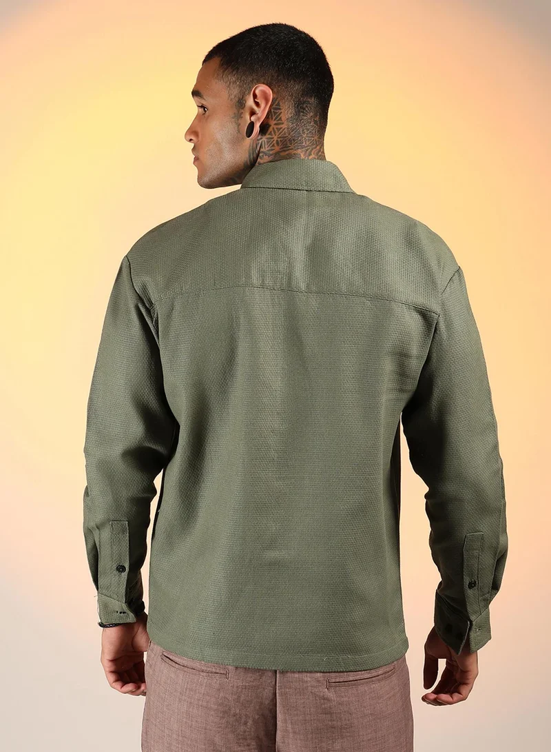 Campus Sutra Men's Olive Green Solid Canvas Utility Shirt