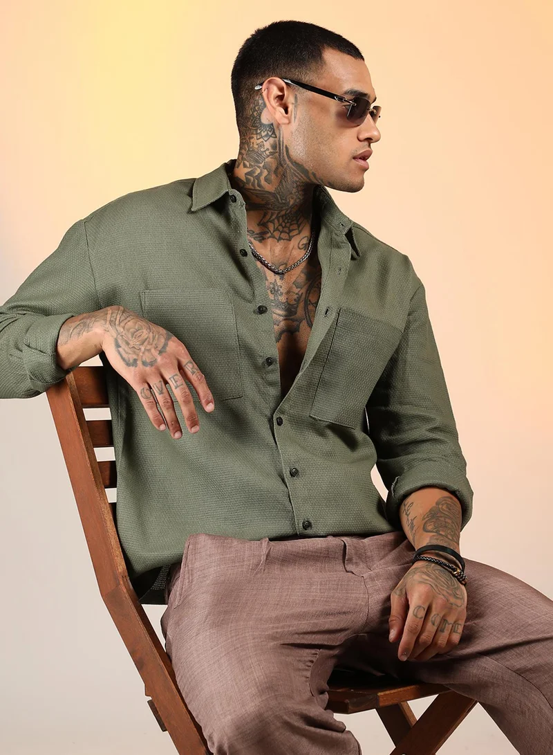 Campus Sutra Men's Olive Green Solid Canvas Utility Shirt