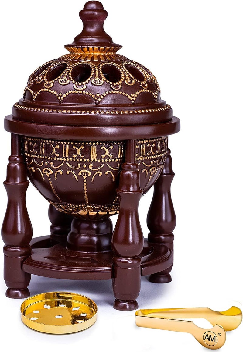 AM Charcoal Incense Burner - Bakhoor Burner, Oud Frankincense Resin Burner - for Office & Home Decor - Lavish 4 Pillar Brown - Image 1