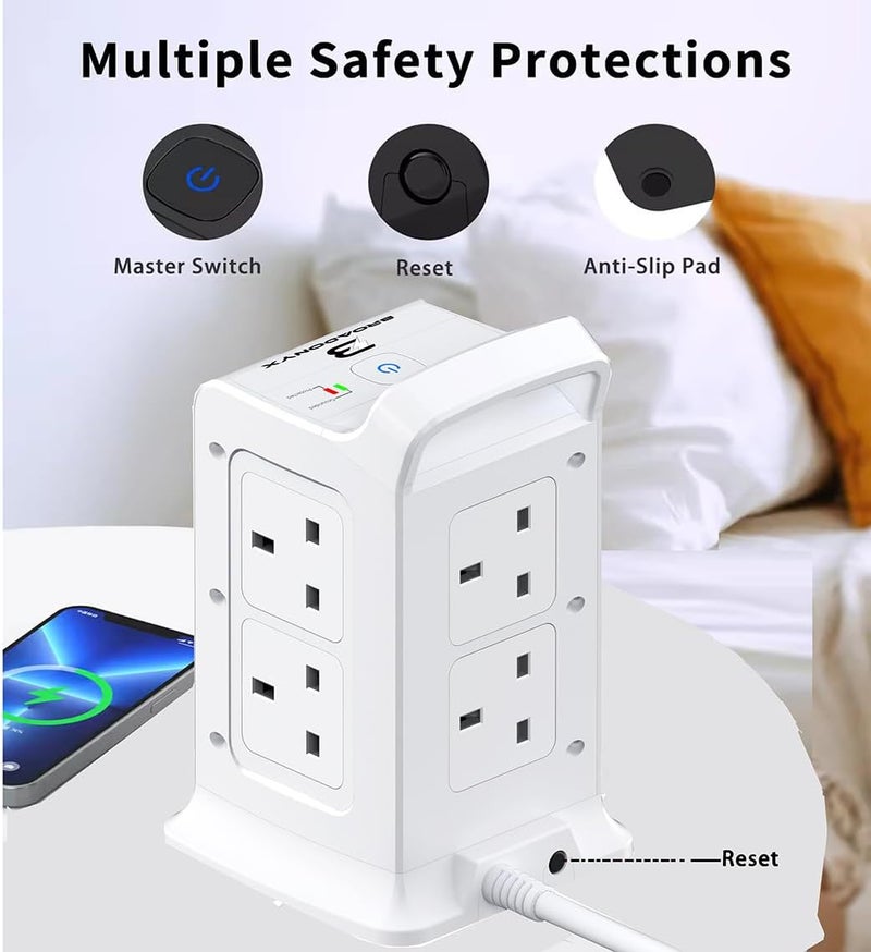 BROADONYX Extension Cord with USB and type C 3 Meter long power Extension cord Power Strip Multiple Plug Heavy Duty 20w Extension Lead 3250W 13A 250V With Surge Protector تمشترك كهرباء توصيلة كهرباء 3 متر - Image 3