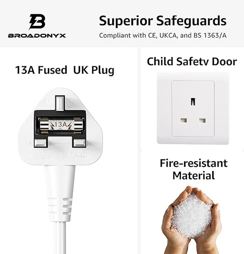 BROADONYX Extension Cord with USB and type C 3 Meter long power Extension cord Power Strip Multiple Plug Heavy Duty 20w Extension Lead 3250W 13A 250V With Surge Protector تمشترك كهرباء توصيلة كهرباء 3 متر - Image 4