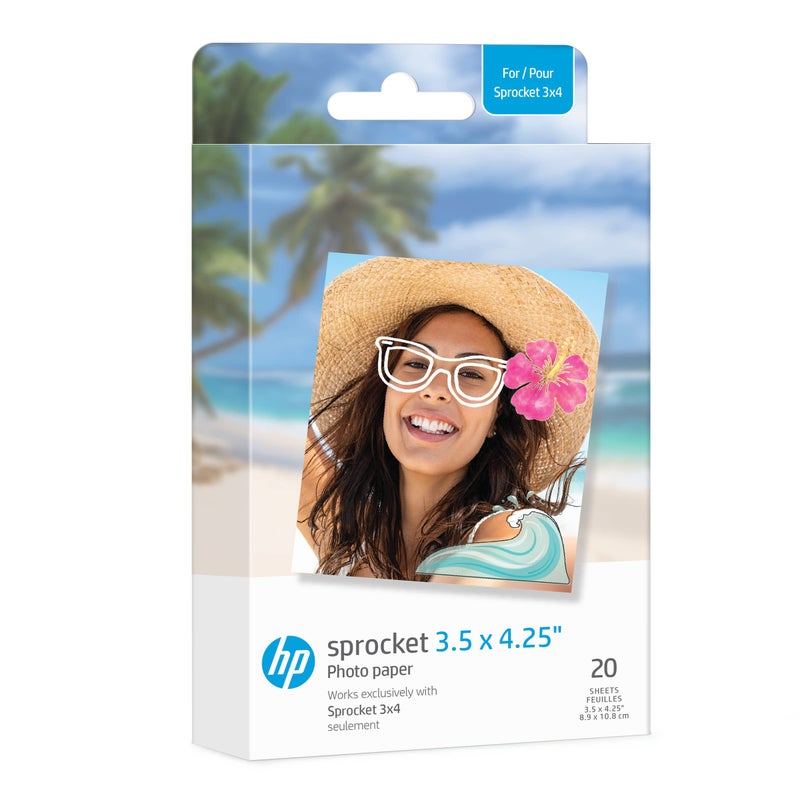 HP ورق صور HP Sprocket مقاس 3.5 × 4.25 Zink بخلفية لاصقة (20 حزمة) متوافق مع كشك الصور وطابعة الصور Sprocket 3x4 - Image 1