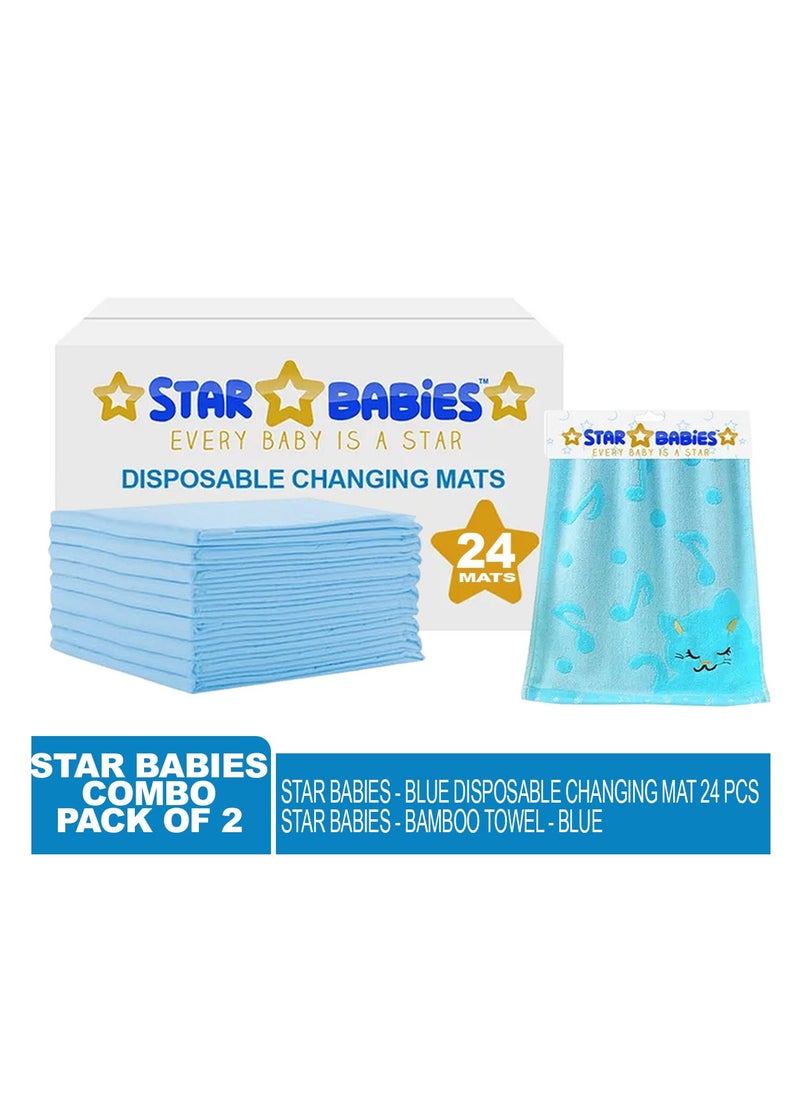 STAR BABiES Star Babies - Combo Pack of 2- Disposable Changing Mat Pack of 24 with Bamboo Towel - Blue  - Image 2