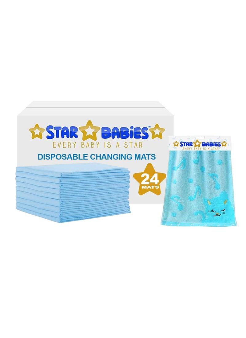 STAR BABiES Star Babies - Combo Pack of 2- Disposable Changing Mat Pack of 24 with Bamboo Towel - Blue  - Image 1