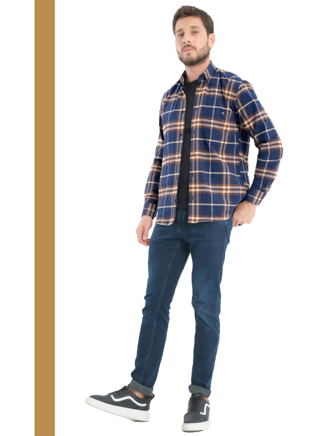 Varetta Men's Navy Blue Brown Checkered Winter Woolen Pocket Wide Cut Shirt