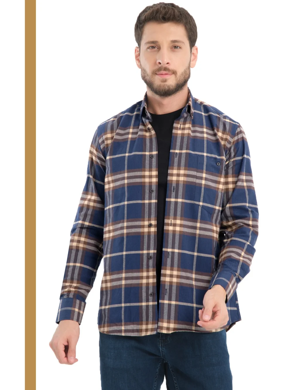 Varetta Men's Navy Blue Brown Checkered Winter Woolen Pocket Wide Cut Shirt