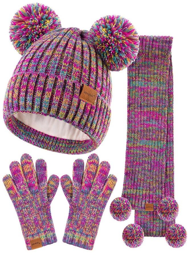 SENPUKI Kids Winter Hat Gloves Scarf Set, Girls Toddler Children Beanie with Pom Knit Neck Warmer Gaiter Mittens Fleece Lined Set（Rainbow Mix） - Image 1