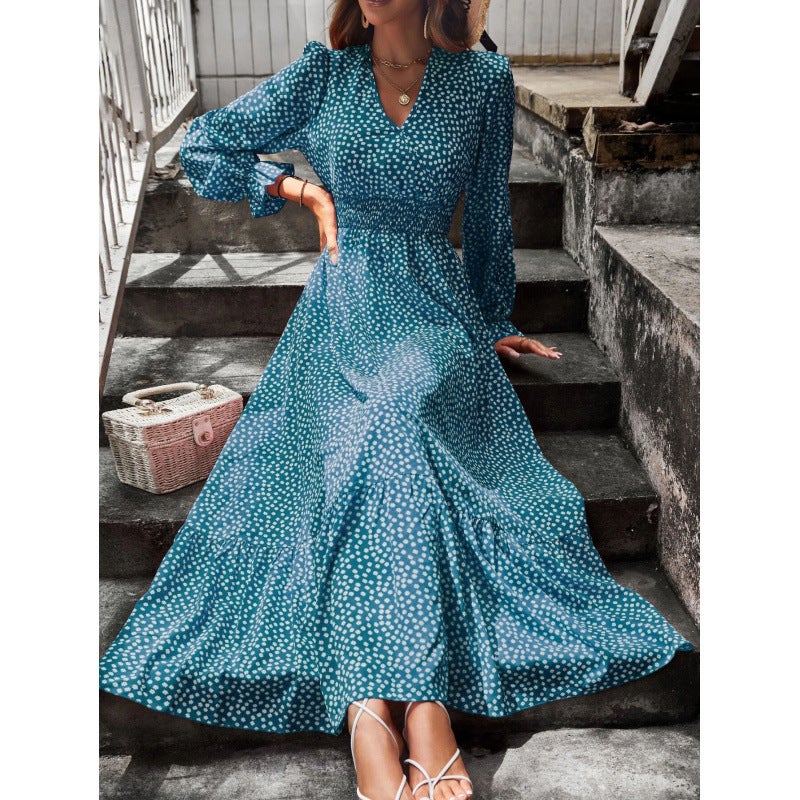 Elegant Bohemian V-Neck Floral Print Ruffle Long Sleeve Maxi Dress with Elastic Waist - Image 1