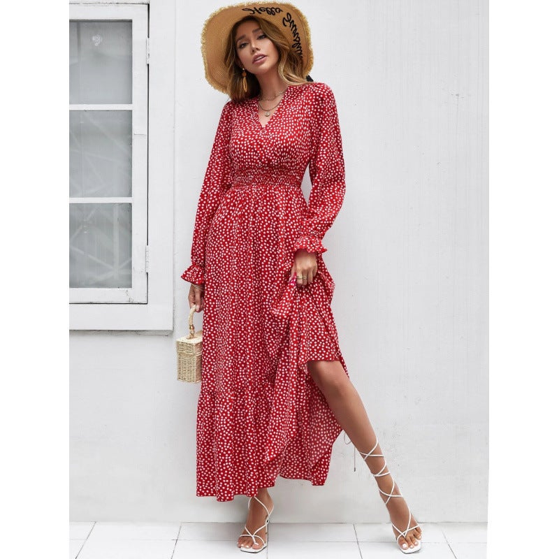 Elegant Bohemian V-Neck Floral Print Ruffle Long Sleeve Maxi Dress with Elastic Waist - Image 3