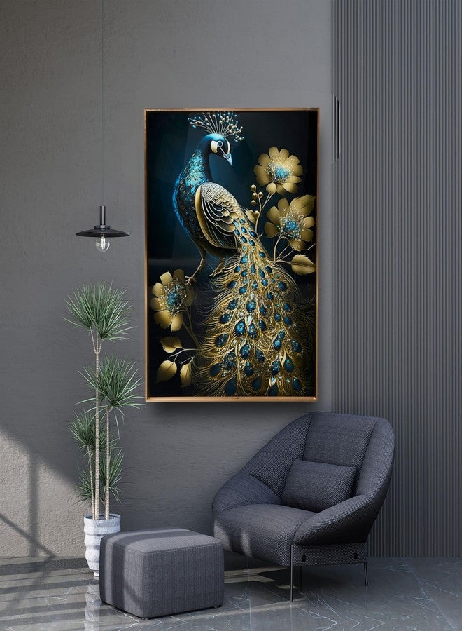 MODECOR Peacock Wall Art 40x50 cm | Elegant Blue & Gold Peacock Design with Floral Accents & Gold Frame | Modern Decorative Wall Painting for Living Room Bedroom Office - Image 4
