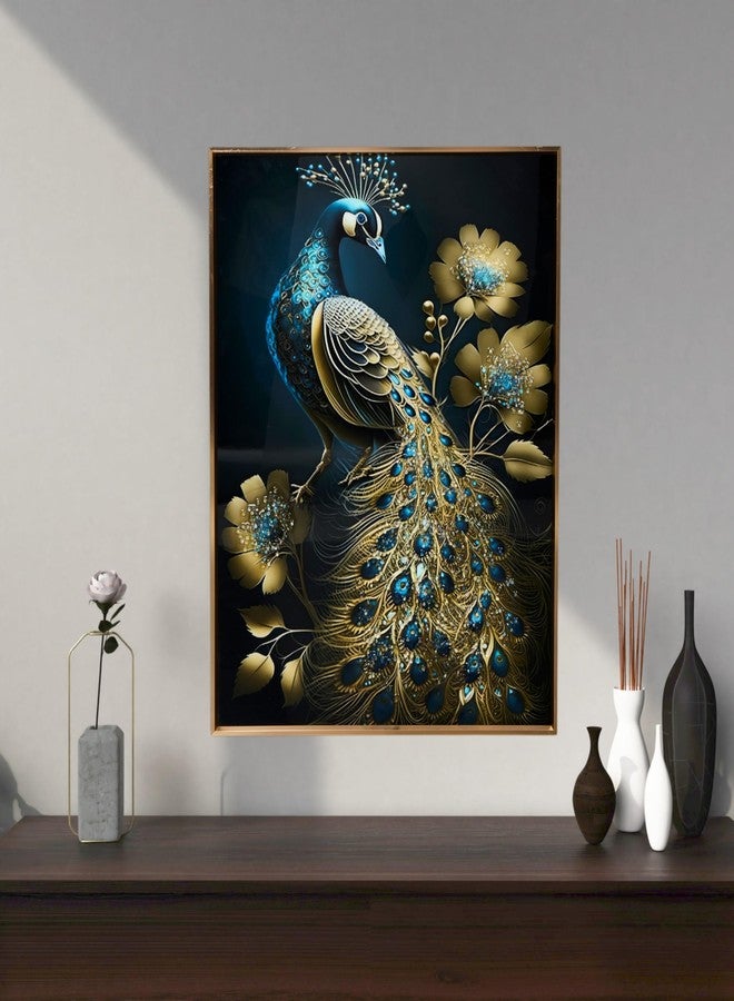 MODECOR Peacock Wall Art 40x50 cm | Elegant Blue & Gold Peacock Design with Floral Accents & Gold Frame | Modern Decorative Wall Painting for Living Room Bedroom Office - Image 3
