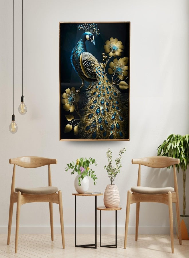 MODECOR Peacock Wall Art 40x50 cm | Elegant Blue & Gold Peacock Design with Floral Accents & Gold Frame | Modern Decorative Wall Painting for Living Room Bedroom Office - Image 2