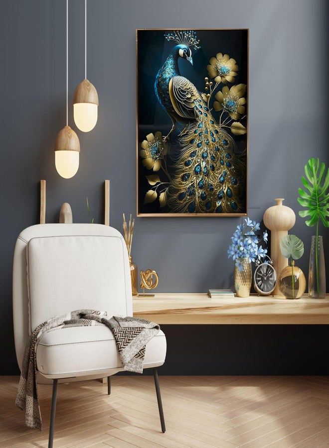 MODECOR Peacock Wall Art 40x50 cm | Elegant Blue & Gold Peacock Design with Floral Accents & Gold Frame | Modern Decorative Wall Painting for Living Room Bedroom Office - Image 5