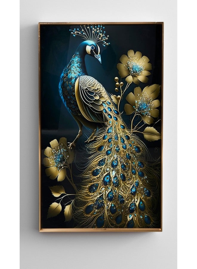 MODECOR Peacock Wall Art 40x50 cm | Elegant Blue & Gold Peacock Design with Floral Accents & Gold Frame | Modern Decorative Wall Painting for Living Room Bedroom Office - Image 1
