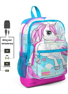CORAL HIGH Kids Four Compartment Neon Pink Patterned Primary School Bag with USB Charging and Headphone Output 23811 