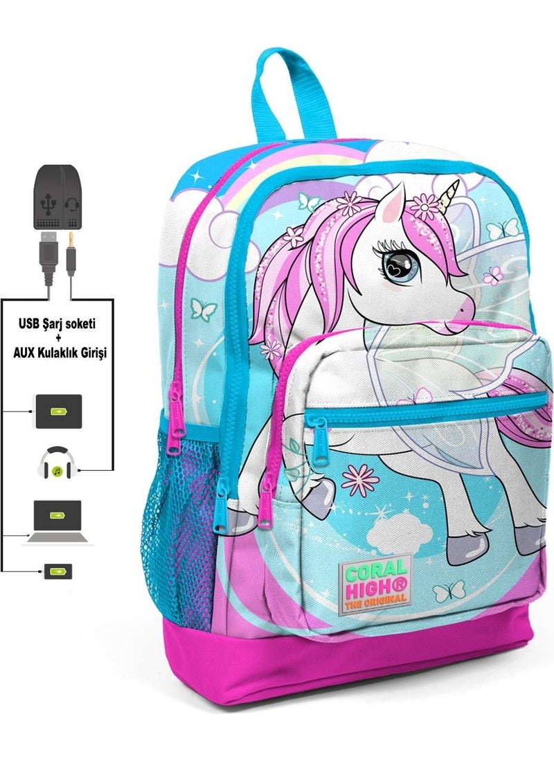 CORAL HIGH Kids Four Compartment Neon Pink Patterned Primary School Bag with USB Charging and Headphone Output 23811 