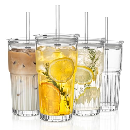 INSETLAN 20 oz Clear Glass Tumbler Set with Lids and Straws – 4-Pack Iced Coffee Cups with Glass Straws & Brushes, Reusable Drinking Glasses for Smoothies, Tea, Juice, Beer, Cold Beverages - Image 1