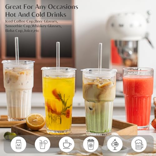 INSETLAN 20 oz Clear Glass Tumbler Set with Lids and Straws – 4-Pack Iced Coffee Cups with Glass Straws & Brushes, Reusable Drinking Glasses for Smoothies, Tea, Juice, Beer, Cold Beverages - Image 4