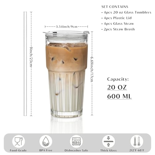 INSETLAN 20 oz Clear Glass Tumbler Set with Lids and Straws – 4-Pack Iced Coffee Cups with Glass Straws & Brushes, Reusable Drinking Glasses for Smoothies, Tea, Juice, Beer, Cold Beverages - Image 2
