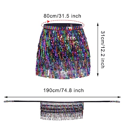 SUMERSHA Belly Dance Hip Scarf Sequin Tassel Skirt Wrap Sparkly Rave Costume for Women (Black Rainbow) - Image 2