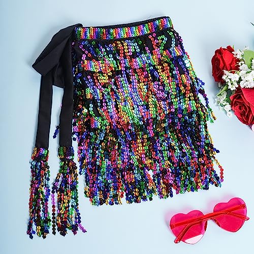 SUMERSHA Belly Dance Hip Scarf Sequin Tassel Skirt Wrap Sparkly Rave Costume for Women (Black Rainbow) - Image 4