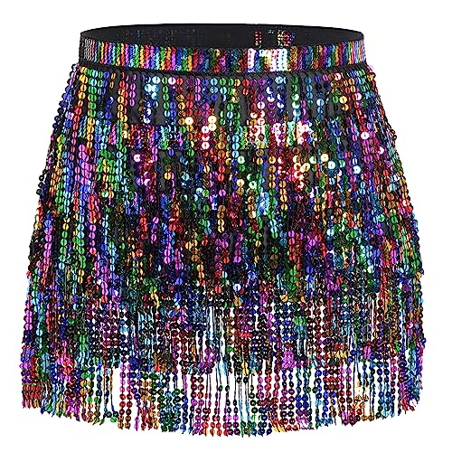 SUMERSHA Belly Dance Hip Scarf Sequin Tassel Skirt Wrap Sparkly Rave Costume for Women (Black Rainbow) - Image 1