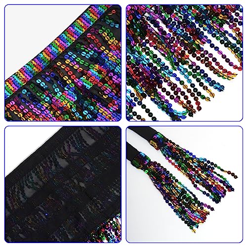 SUMERSHA Belly Dance Hip Scarf Sequin Tassel Skirt Wrap Sparkly Rave Costume for Women (Black Rainbow) - Image 3