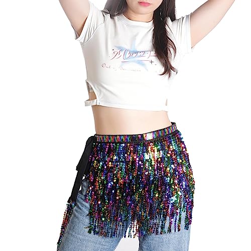 SUMERSHA Belly Dance Hip Scarf Sequin Tassel Skirt Wrap Sparkly Rave Costume for Women (Black Rainbow) - Image 5