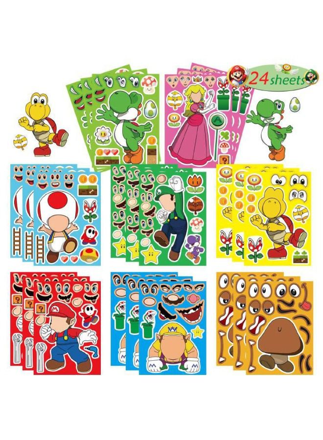 24 عبوة من ملصقات الوجه ، ملصقات كتب تحت عنوان ماريو للأطفال ، لوازم الحفلات DIY تصنع الملصقات الخاصة بك - Image 2