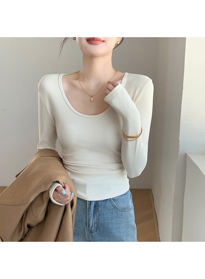 H257 Coconut Velvet Large U-neck Bottoming Shirt Autumn And Winter Brushed Inner T-shirt Long-sleeved Waist Slimming Look Flesh-covering Pleated Top