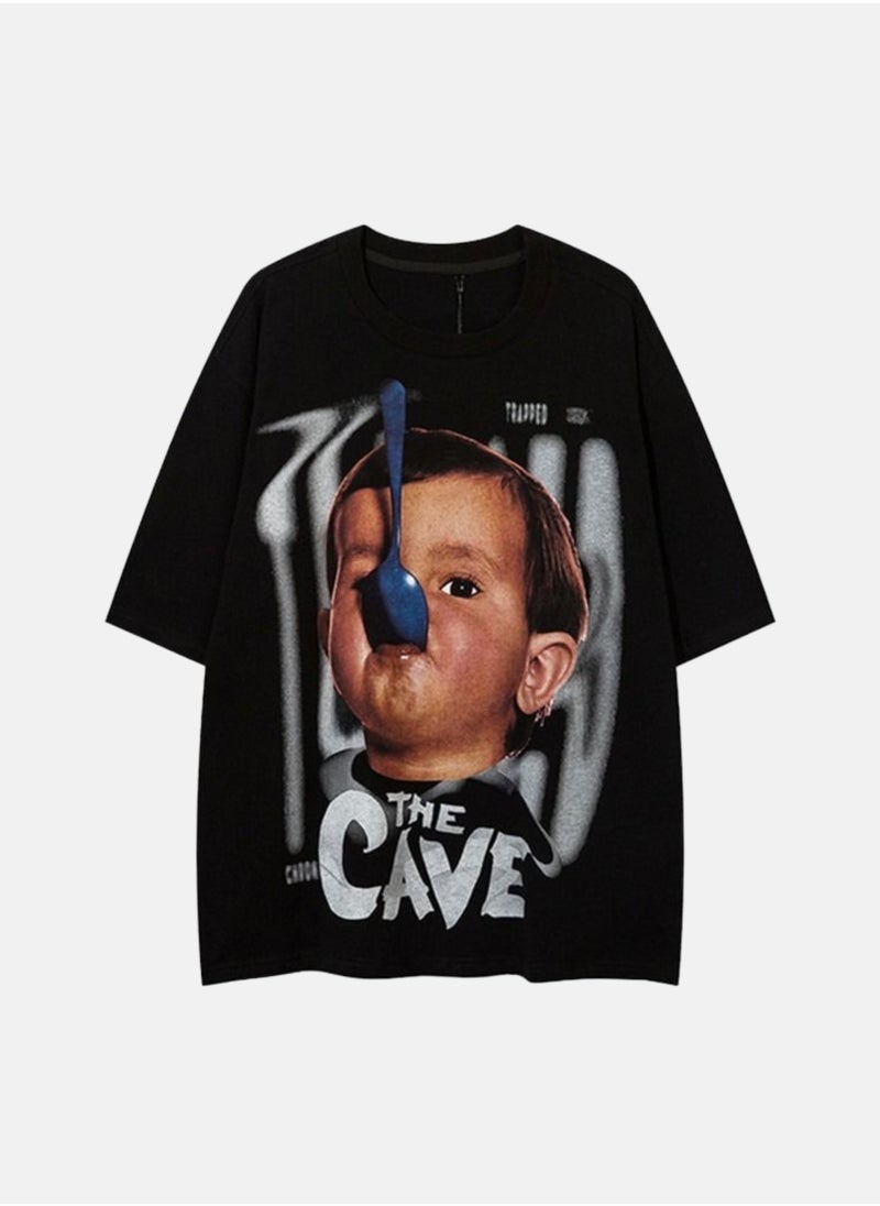 Thirty-One The Cave Kid Face Printed Black Oversized T-shirt  - Image 1