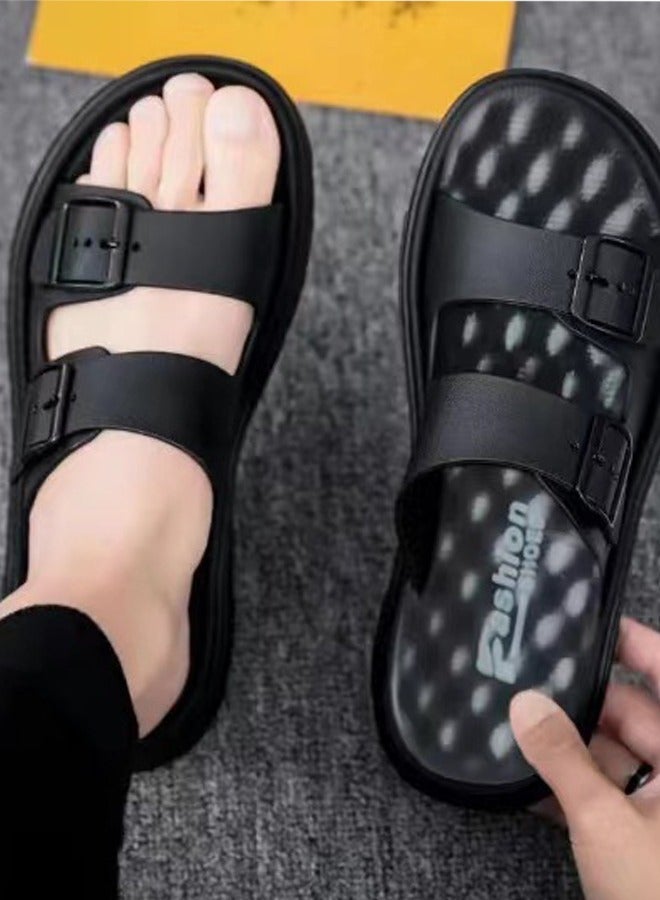 Men's Sandals Non-Slip Thick-Soled Sandals Lightweight And Comfortable Double-buckle Slip-On Adjustable EVA Orthopedic Flat Sandals EVA Slippers Black (Size 45)  - Image 4