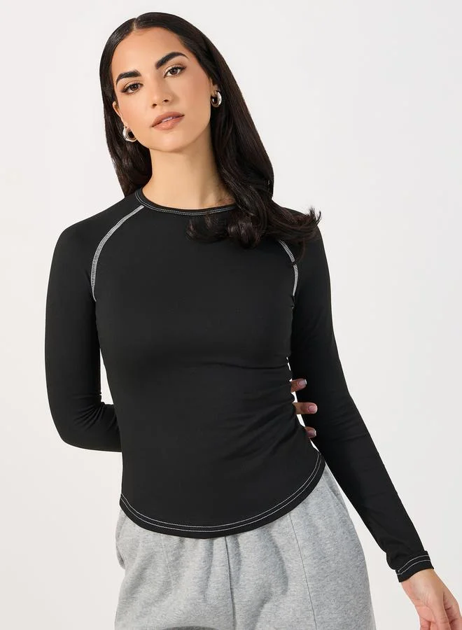 Contrast Stitch Plain Raglan Sleeve Fitted T-Shirt