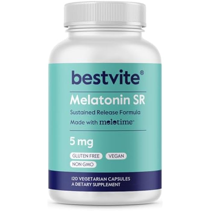 BESTVITE Melatonin SR 5mg (120 Vegetarian Capsules) - Extended Release Melatonin - Vegan - Non GMO - Gluten Free - Image 1