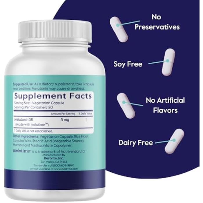 BESTVITE Melatonin SR 5mg (120 Vegetarian Capsules) - Extended Release Melatonin - Vegan - Non GMO - Gluten Free - Image 3