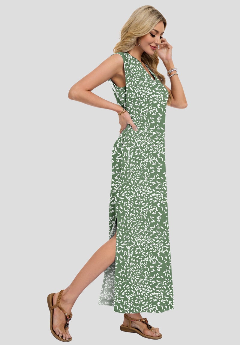 AUSELILY Sundresses for Women Wrinkle Free Casual Travel V Neck Split Sleeveless Loose Long Maxi Dress with Pockets 2026 Olive Green Leaf L - Image 4