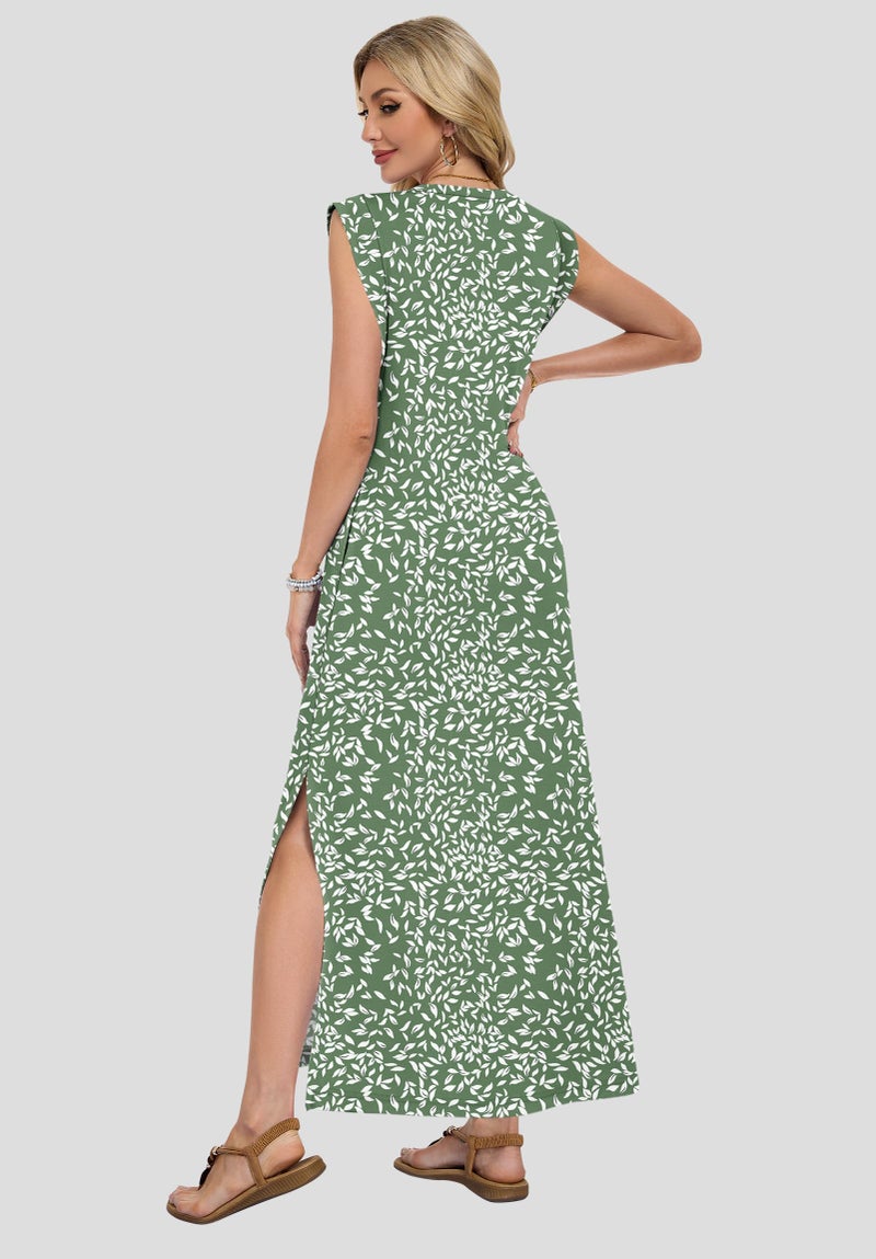 AUSELILY Sundresses for Women Wrinkle Free Casual Travel V Neck Split Sleeveless Loose Long Maxi Dress with Pockets 2026 Olive Green Leaf L - Image 2
