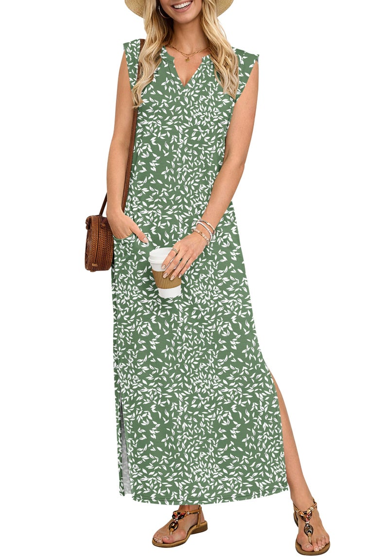 AUSELILY Sundresses for Women Wrinkle Free Casual Travel V Neck Split Sleeveless Loose Long Maxi Dress with Pockets 2026 Olive Green Leaf L - Image 1